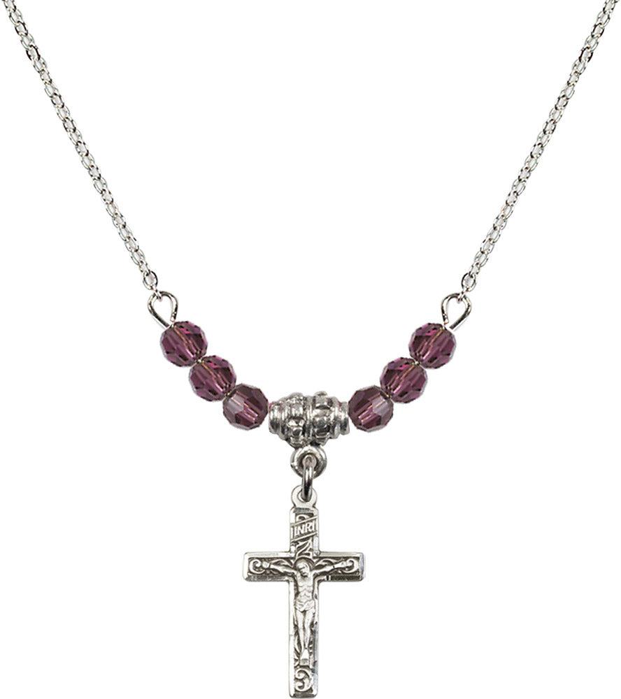Sterling Silver Crucifix Birthstone Necklace with Amethyst Beads - 0672