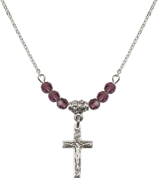 Sterling Silver Crucifix Birthstone Necklace with Amethyst Beads - 0672