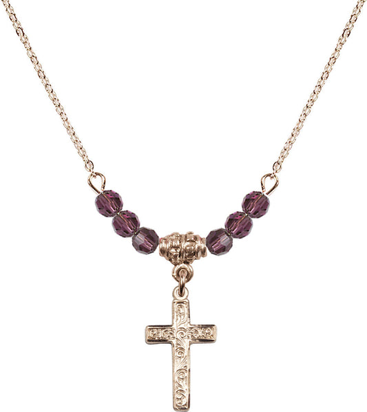 14kt Gold Filled Cross Birthstone Necklace with Amethyst Beads - 0672