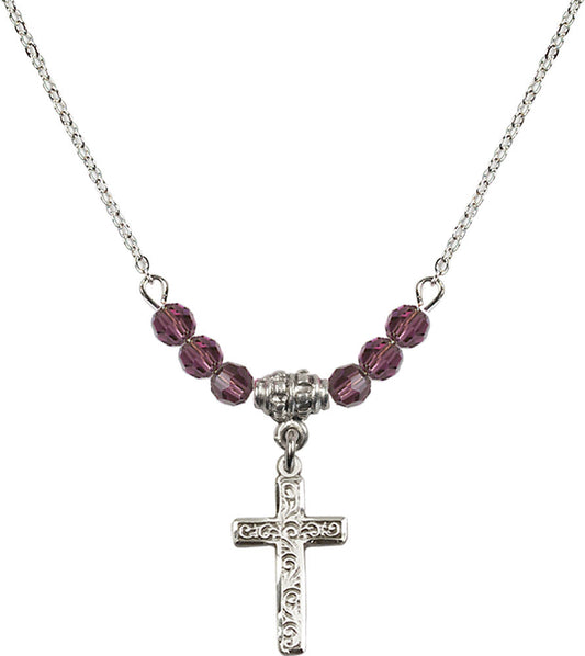 Sterling Silver Cross Birthstone Necklace with Amethyst Beads - 0672
