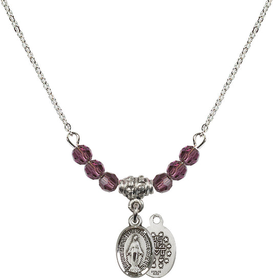 Sterling Silver Miraculous Birthstone Necklace with Amethyst Beads - 0702