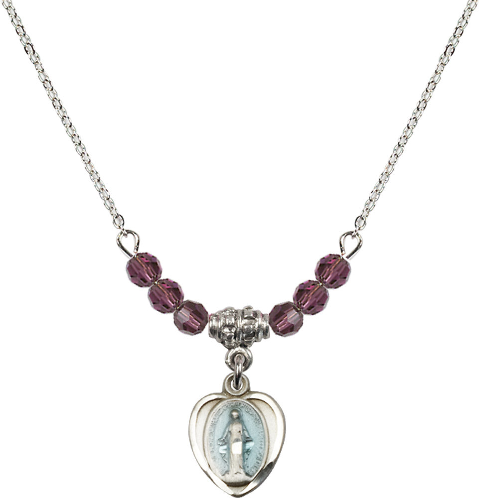 Sterling Silver Miraculous Birthstone Necklace with Amethyst Beads - 0706