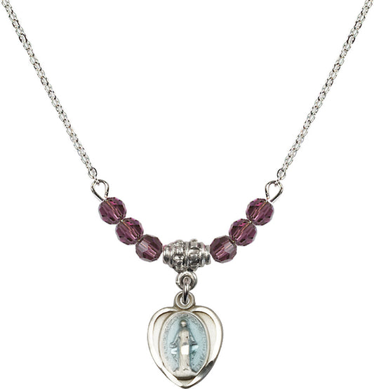 Sterling Silver Miraculous Birthstone Necklace with Amethyst Beads - 0706