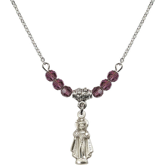 Sterling Silver Infant of Prague Birthstone Necklace with Amethyst Beads - 0823