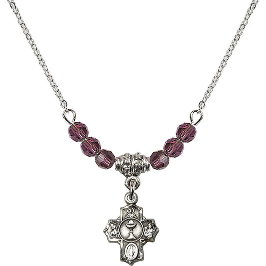 Sterling Silver Communion 5-Way Birthstone Necklace with Amethyst Beads - 0890