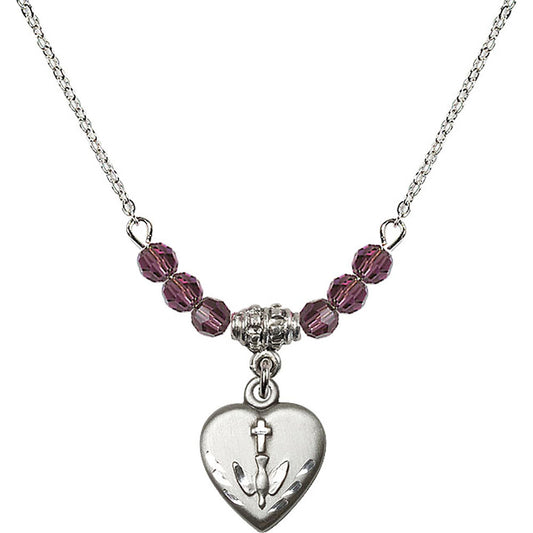 Sterling Silver Heart / Confirmation Birthstone Necklace with Amethyst Beads - 0891