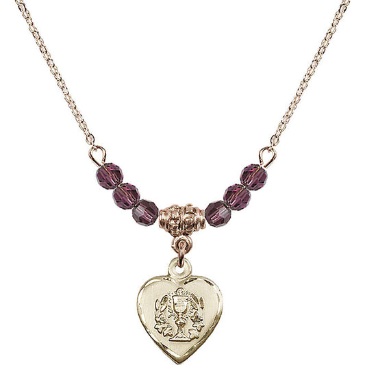 14kt Gold Filled Heart / Communion Birthstone Necklace with Amethyst Beads - 0892