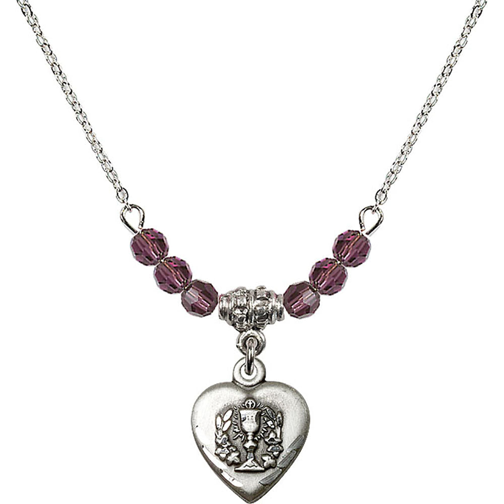 Sterling Silver Heart / Communion Birthstone Necklace with Amethyst Beads - 0892