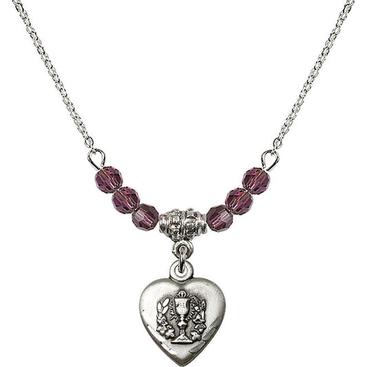Sterling Silver Heart / Communion Birthstone Necklace with Amethyst Beads - 0892