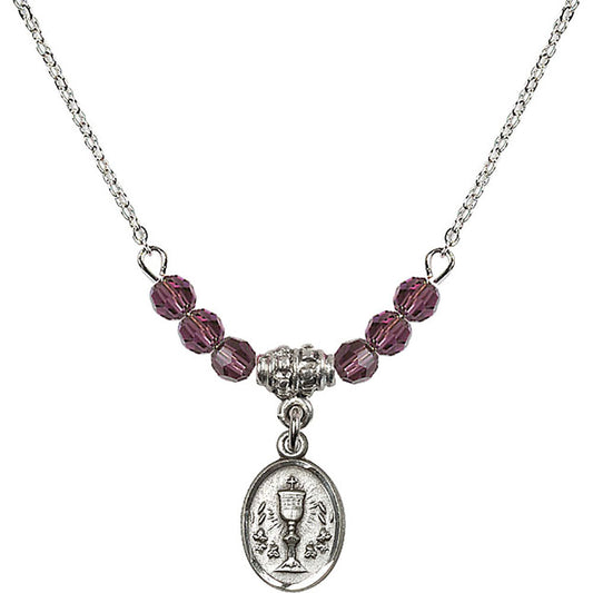 Sterling Silver Chalice Birthstone Necklace with Amethyst Beads - 0975