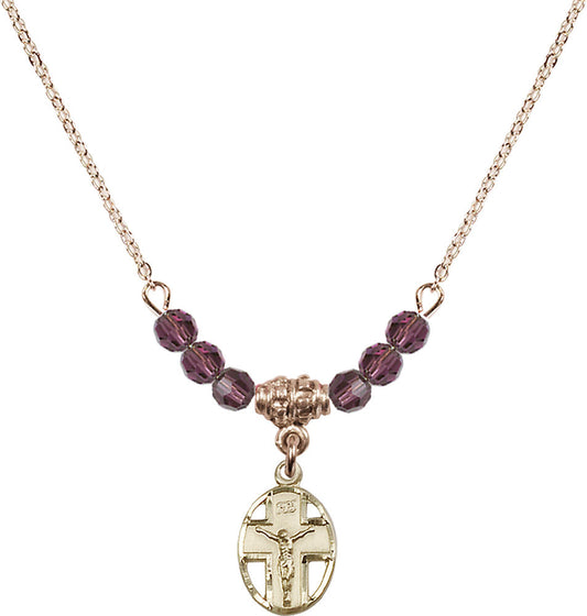 14kt Gold Filled Crucifix Birthstone Necklace with Amethyst Beads - 0978