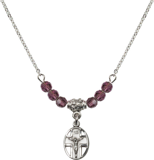 Sterling Silver Crucifix Birthstone Necklace with Amethyst Beads - 0978