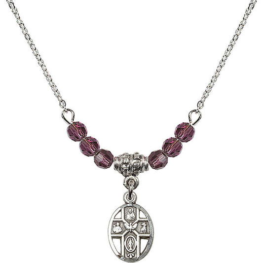 Sterling Silver 5-Way Birthstone Necklace with Amethyst Beads - 0980
