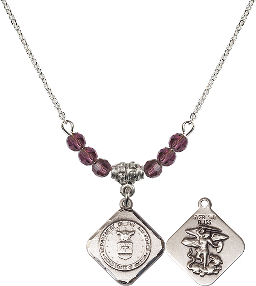 Sterling Silver Air Force Diamond Birthstone Necklace with Amethyst Beads - 1180