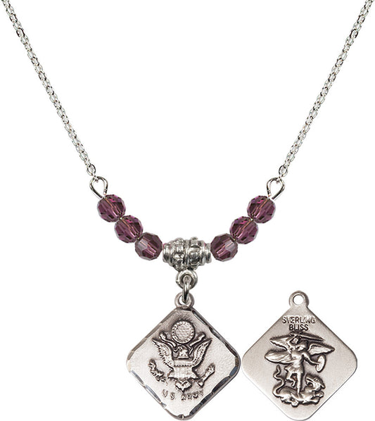 Sterling Silver Army Diamond Birthstone Necklace with Amethyst Beads - 1180