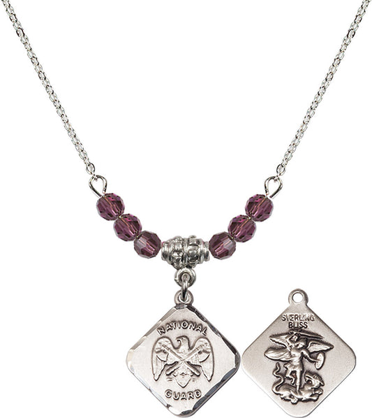 Sterling Silver Nat'l Guard Diamond Birthstone Necklace with Amethyst Beads - 1180