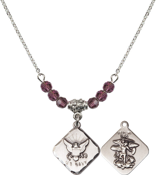 Sterling Silver Navy Diamond Birthstone Necklace with Amethyst Beads - 1180