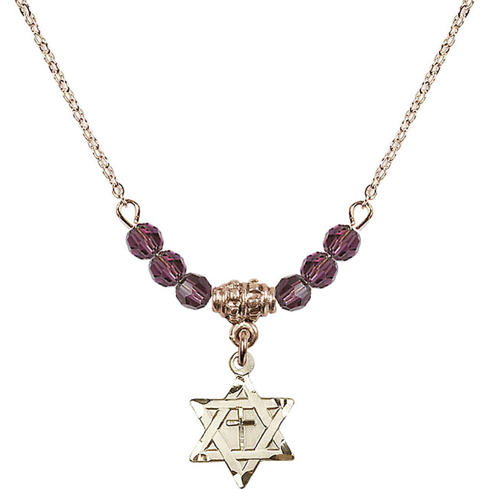14kt Gold Filled Star of David w/ Cross Birthstone Necklace with Amethyst Beads - 1211