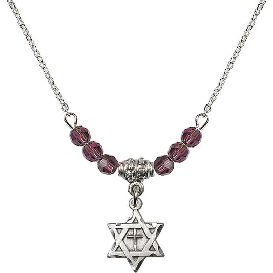 Sterling Silver Star of David w/ Cross Birthstone Necklace with Amethyst Beads - 1211