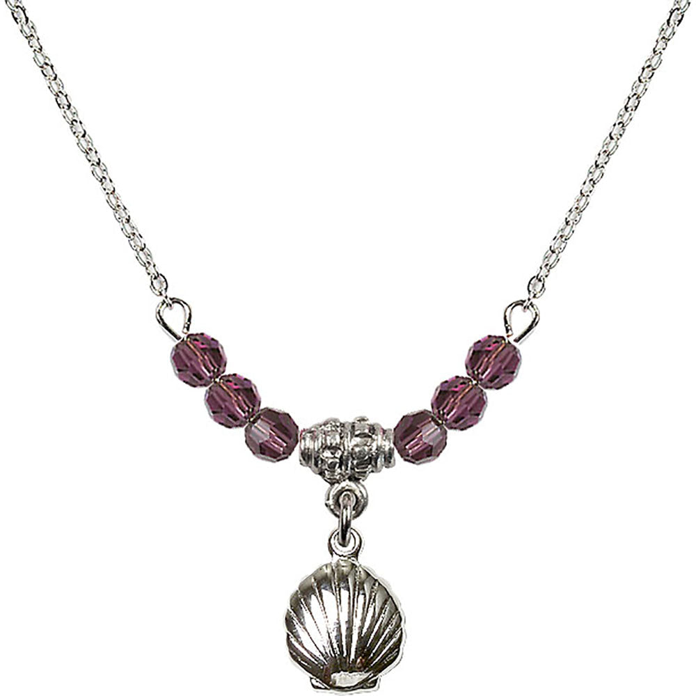 Sterling Silver Shell Birthstone Necklace with Amethyst Beads - 1260