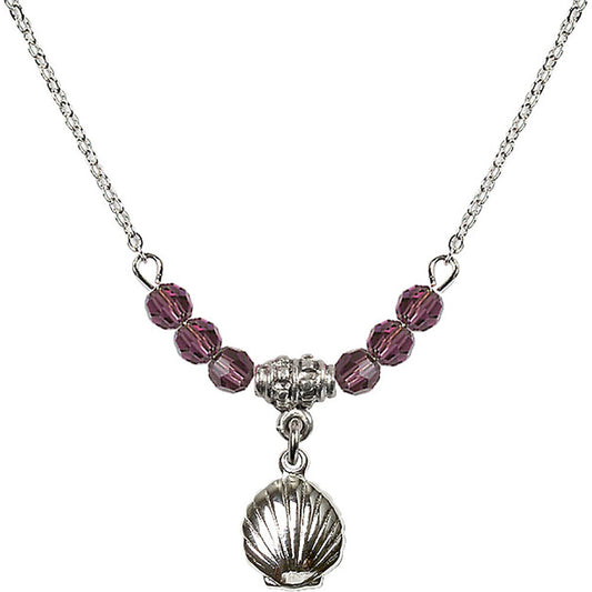 Sterling Silver Shell Birthstone Necklace with Amethyst Beads - 1260