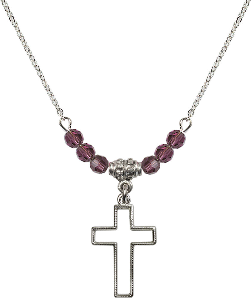 Sterling Silver Cross Birthstone Necklace with Amethyst Beads - 1708