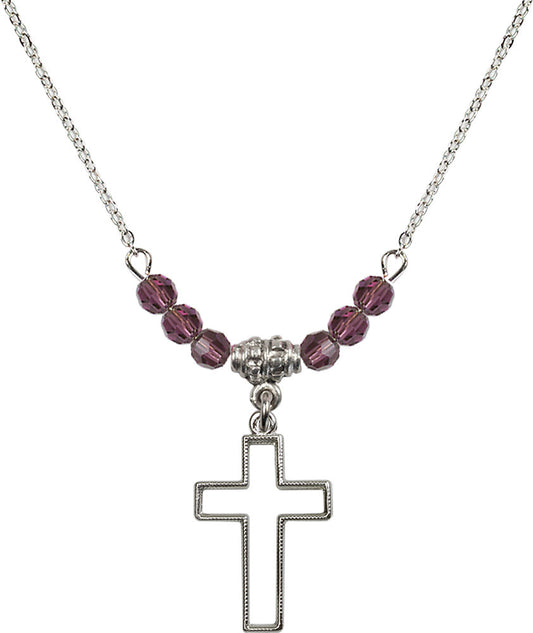 Sterling Silver Cross Birthstone Necklace with Amethyst Beads - 1708