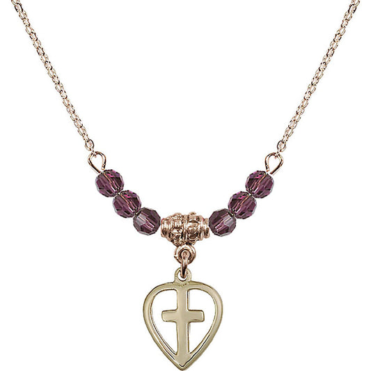 14kt Gold Filled Heart / Cross Birthstone Necklace with Amethyst Beads - 1709
