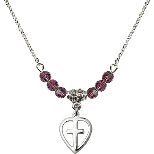 Sterling Silver Heart / Cross Birthstone Necklace with Amethyst Beads - 1709