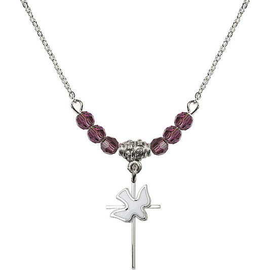 Sterling Silver Cross / Holy Spirit Birthstone Necklace with Amethyst Beads - 1812