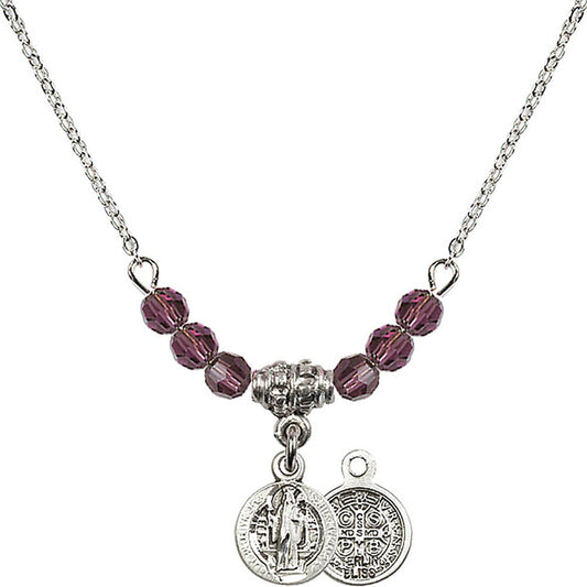Sterling Silver Saint Benedict Birthstone Necklace with Amethyst Beads - 2341