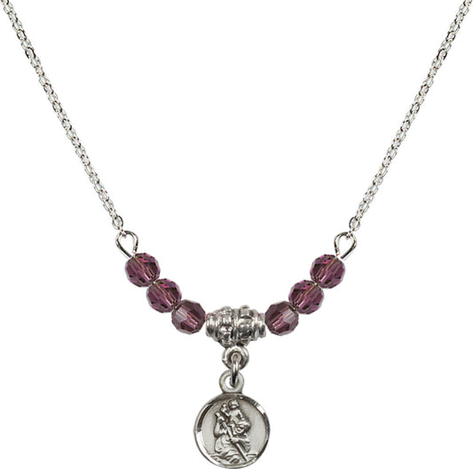 Sterling Silver Saint Christopher Birthstone Necklace with Amethyst Beads - 2343