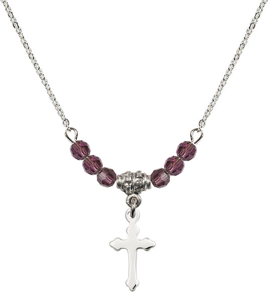 Sterling Silver Cross Birthstone Necklace with Amethyst Beads - 2528