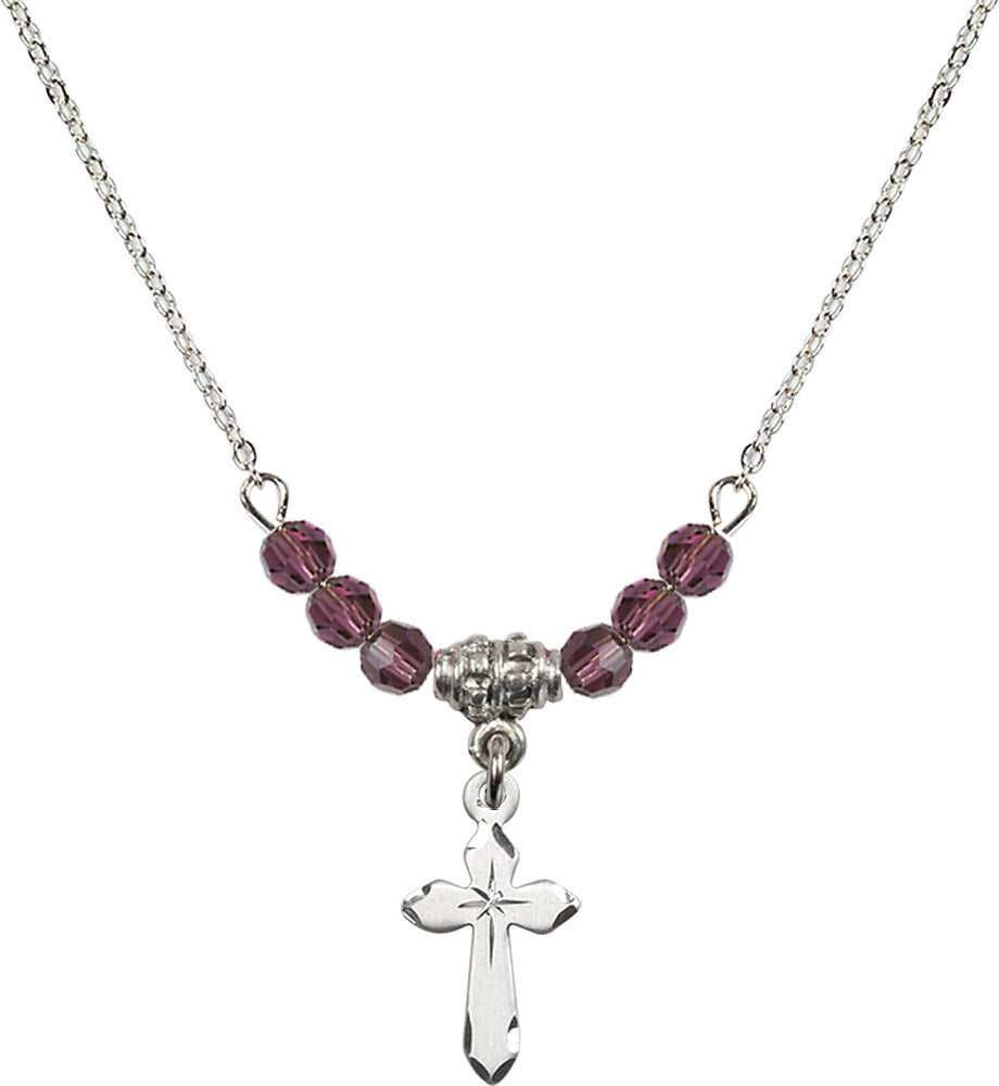 Sterling Silver Cross Birthstone Necklace with Amethyst Beads - 2529