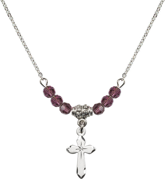 Sterling Silver Cross Birthstone Necklace with Amethyst Beads - 2529