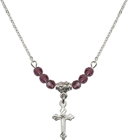 Sterling Silver Cross Birthstone Necklace with Amethyst Beads - 2531