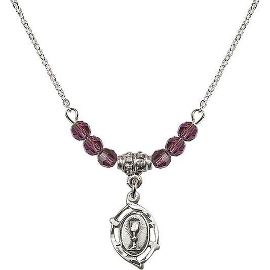 Sterling Silver Communion Birthstone Necklace with Amethyst Beads - 3019