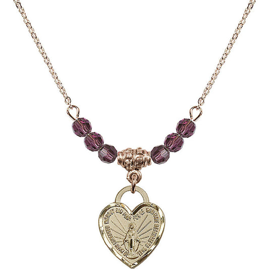 14kt Gold Filled Miraculous Heart Birthstone Necklace with Amethyst Beads - 3401