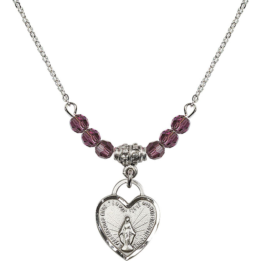 Sterling Silver Miraculous Heart Birthstone Necklace with Amethyst Beads - 3401