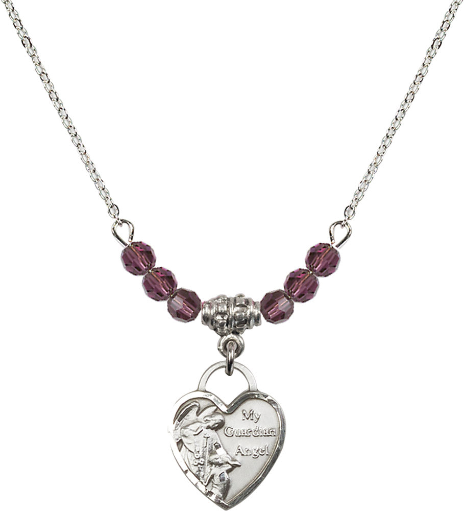 Sterling Silver Guardian Angel Heart Birthstone Necklace with Amethyst Beads - 3402
