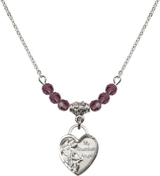 Sterling Silver Guardian Angel Heart Birthstone Necklace with Amethyst Beads - 3402