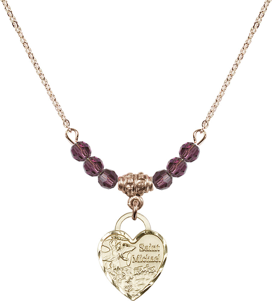 14kt Gold Filled Saint Michael Heart Birthstone Necklace with Amethyst Beads - 3403