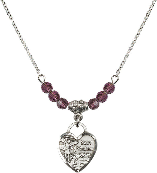 Sterling Silver Saint Michael Heart Birthstone Necklace with Amethyst Beads - 3403