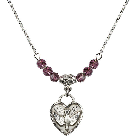 Sterling Silver Confirmation Heart Birthstone Necklace with Amethyst Beads - 3405