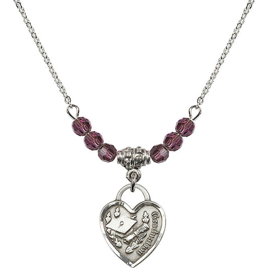 Sterling Silver Graduation Heart Birthstone Necklace with Amethyst Beads - 3406