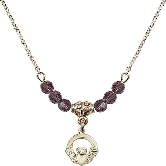 14kt Gold Filled Claddagh Birthstone Necklace with Amethyst Beads - 4113