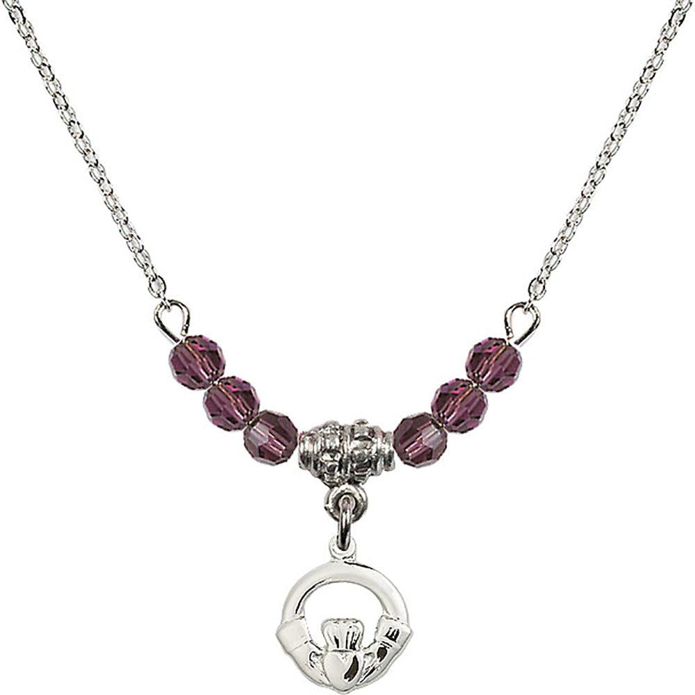Sterling Silver Claddagh Birthstone Necklace with Amethyst Beads - 4113