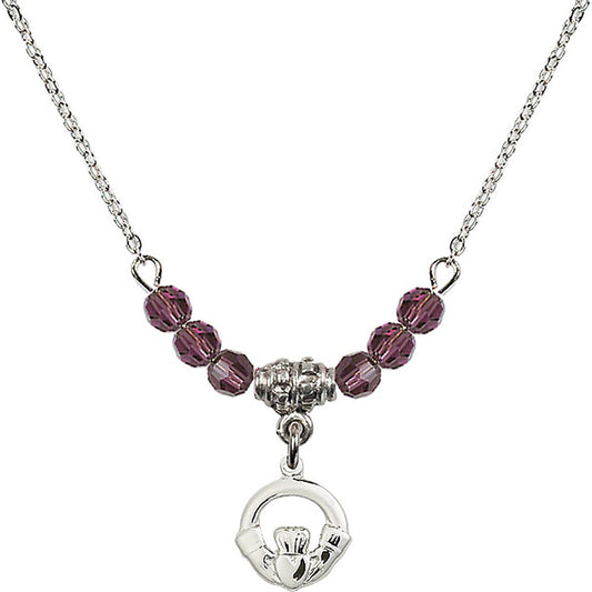 Sterling Silver Claddagh Birthstone Necklace with Amethyst Beads - 4113
