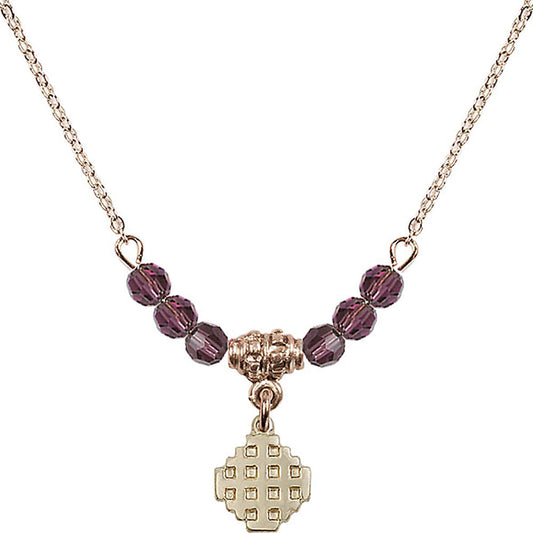 14kt Gold Filled Jerusalem Cross Birthstone Necklace with Amethyst Beads - 4118