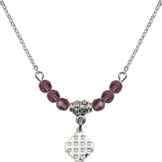 Sterling Silver Jerusalem Cross Birthstone Necklace with Amethyst Beads - 4118